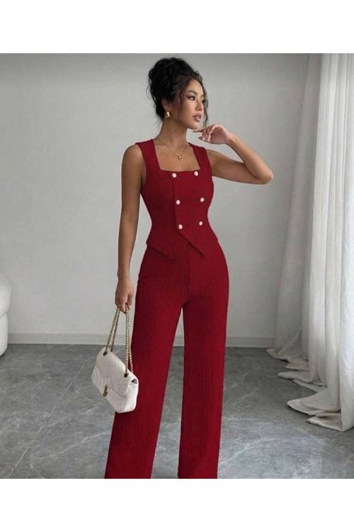 Kadın Düğmeli Bürümcük Kumaş Takım