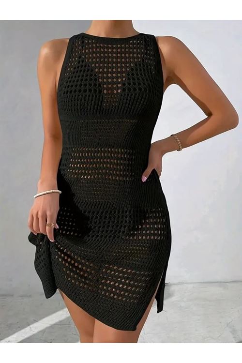 Kadın Kolsuz Derin Sırt Dekolteli Ajurlu Triko Pareo