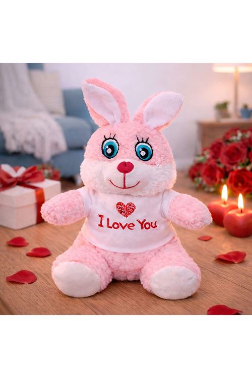 I Love You Tişörtlü Sevimli Pembe Peluş Tavşan