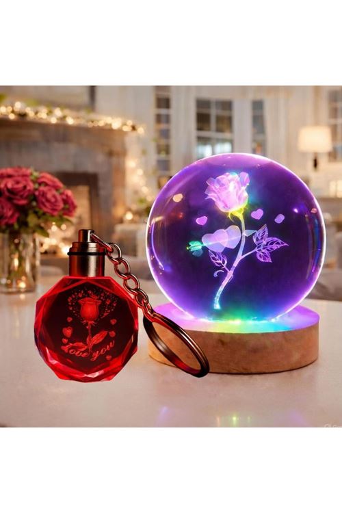 I Love You Tasarım Işıklı Cam Küre Ve Anahtarlık Seti
