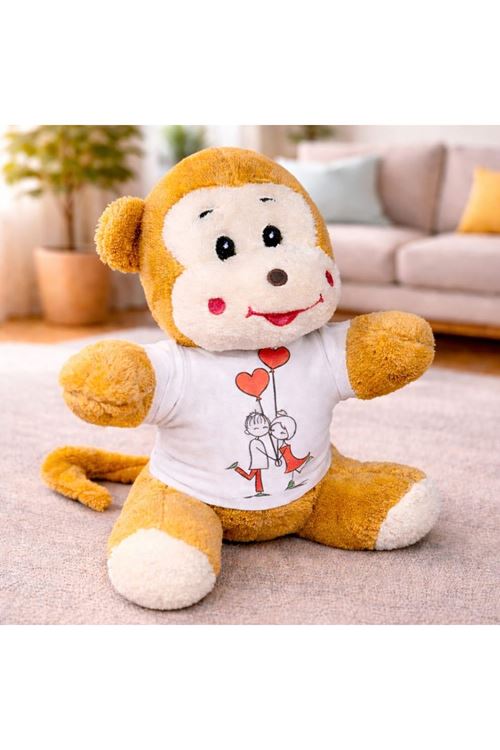 Mutlu Aşıklar Tasarım Tişörtlü Sevimli Peluş Maymun