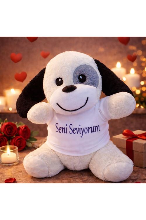 Seni Seviyorum Tişörtlü Sevimli Benekli Peluş Köpek