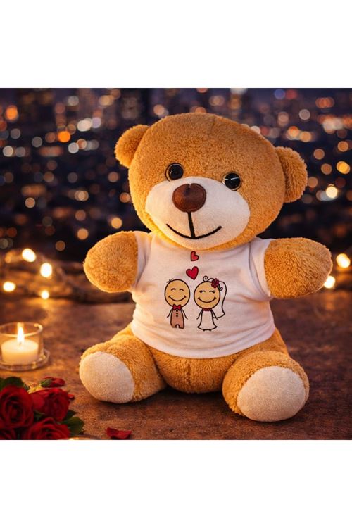 Sevimli Gelin Damat Tişörtlü Peluş Ayıcık