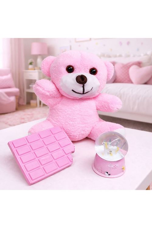 Pembe Peluş Ayıcık, Kar Küresi Ve Pembe Çikolata Not Defteri Hediye Seti