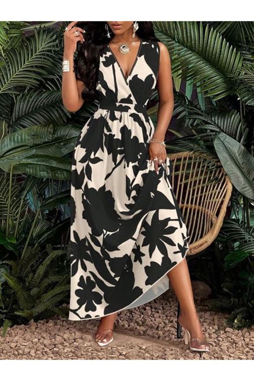 Kadın Askılı Kruvaze Yakalı çiçek Desenli Uzun Süprem Elbise