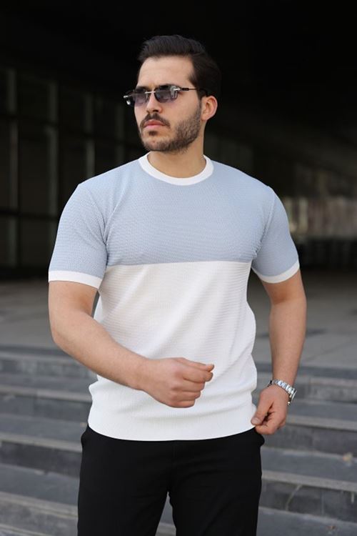 Erkek Renk Bloklu Bisiklet Yaka Kısa Kollu Triko Tişört