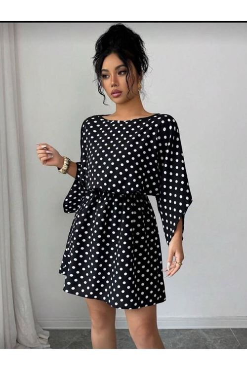 Kadın Puantiyeli örme Krep Mini Elbise (kemersiz)
