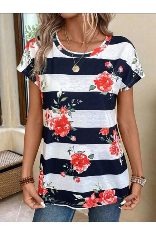 Kadın Gül Desenli çizgili Süprem Tshirt