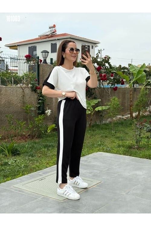 Kadın Kısa Kollu Modal Dokulu Kumaş Yanı şeritli Takım