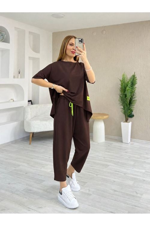 Kadın Kısa Kollu Bisiklet Yaka Viskon Iki Iplik Bluz Ve Pantolon Ikili Takım