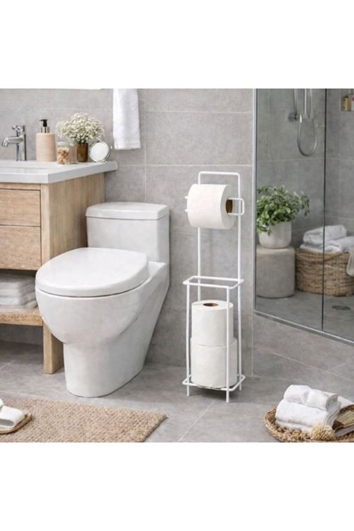 Beyaz Standlı Yedek Hazneli Tuvalet Kağıtlığı