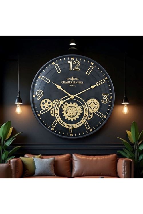 Çarklı Duvar Saati Altın Rengi Detaylı 59 cm