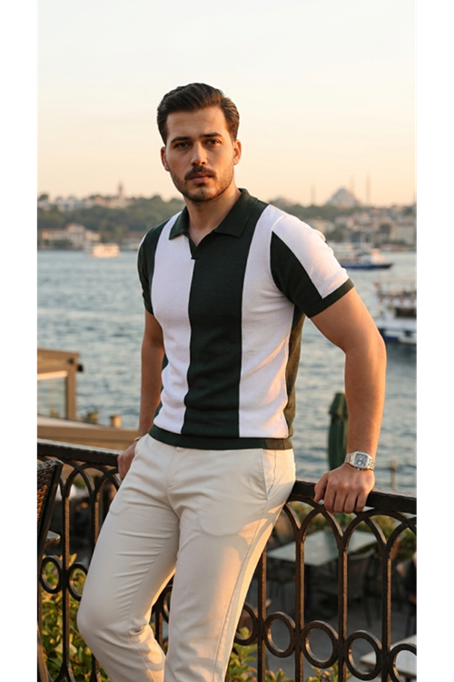 Erkek Kısa Kollu Polo Yakalı Blok Desenli Triko Bluz