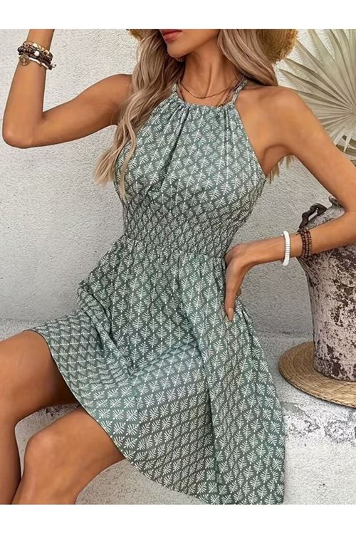 Kadın Omuzlardan Açık Boyun Arkasından Bağcıklı Beli Lastikli Kısa Süprem Elbise