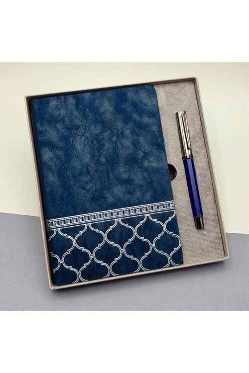 Mavi Termo Deri Defter Ve Metal Roller Kalem Seti