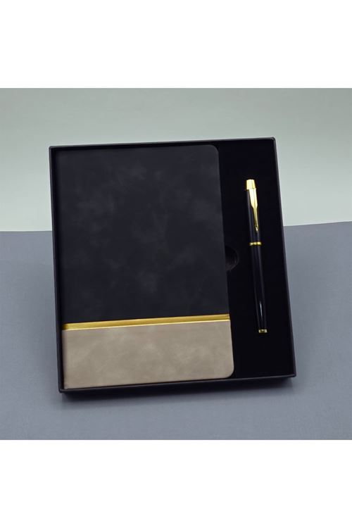Siyah Gold Detaylı Termo Deri Defter Ve Metal Roller Kalem Hediye Seti