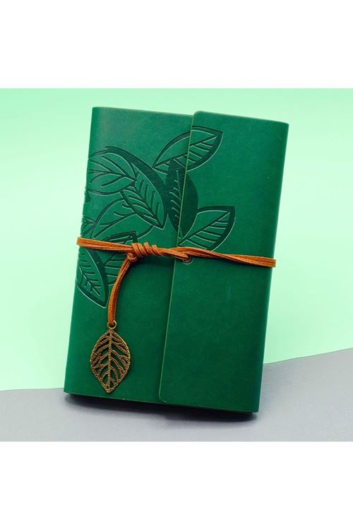 Yeşil Yaprak Desenli Deri Defter