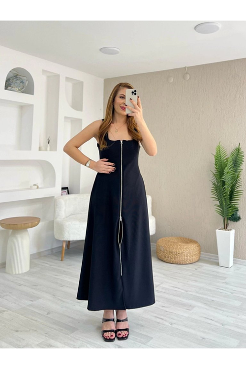 Kadın Askılı Kare Yaka önden Fermuarlı Geniş Kesim Janjan Krep Elbise