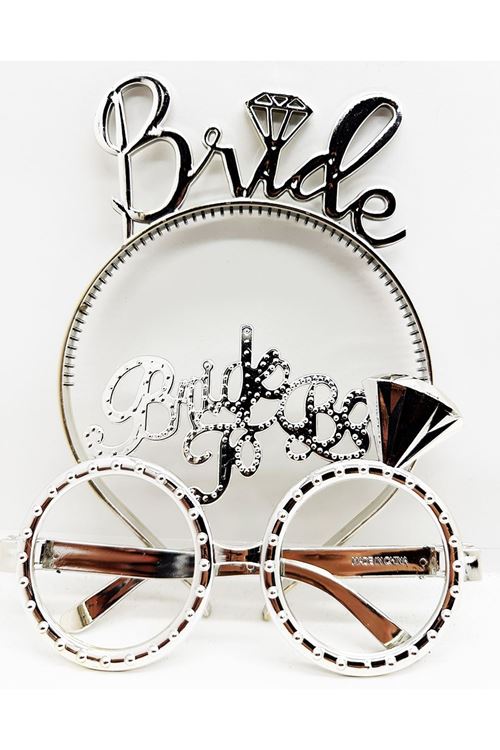 Bride Yazılı Taç ve Bride To Be Yazılı Gözlük Seti - Gümüş Renk