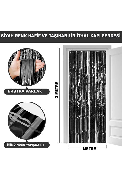 Ekstra Metalize Parlak Saçaklı Arka Fon Perde Siyah