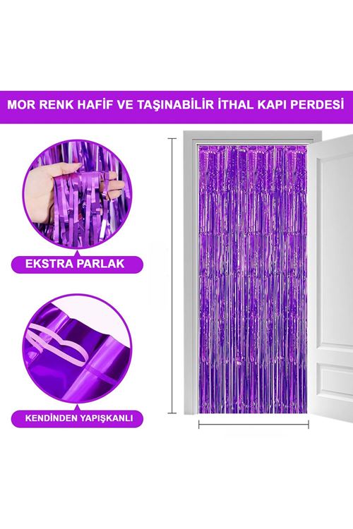 Ekstra Metalize Saçaklı Arka Fon Perde Mor