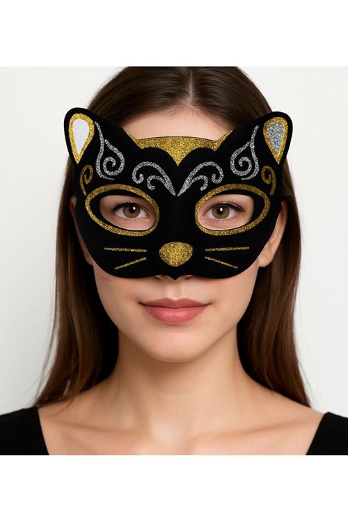 Kadife Dokulu Simli Kedi Maskesi Altın Gümüş Detaylı