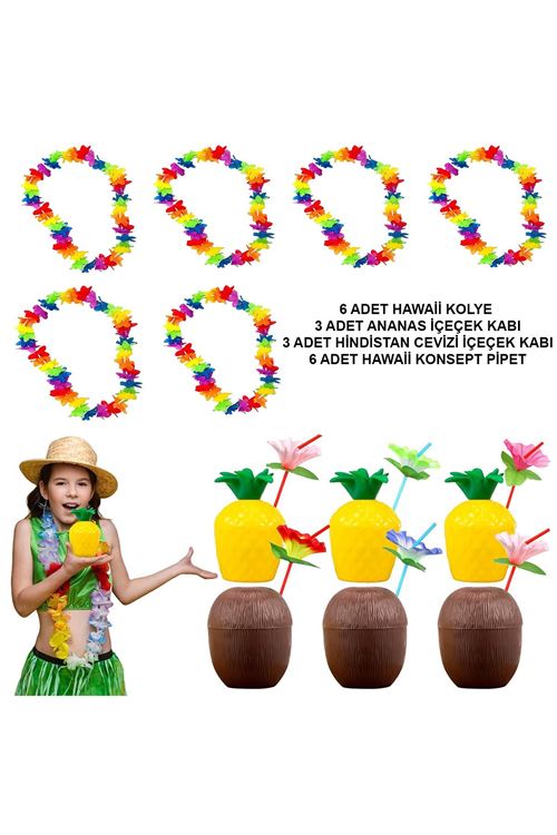 Tropikal Hawaii Parti Malzemeleri – Kolye, Pipet, Bardak Seti