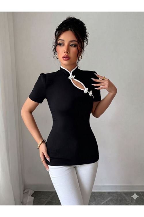 Kadın Beyaz şerit Detaylı Dar Kesim Dik Yaka Bluz