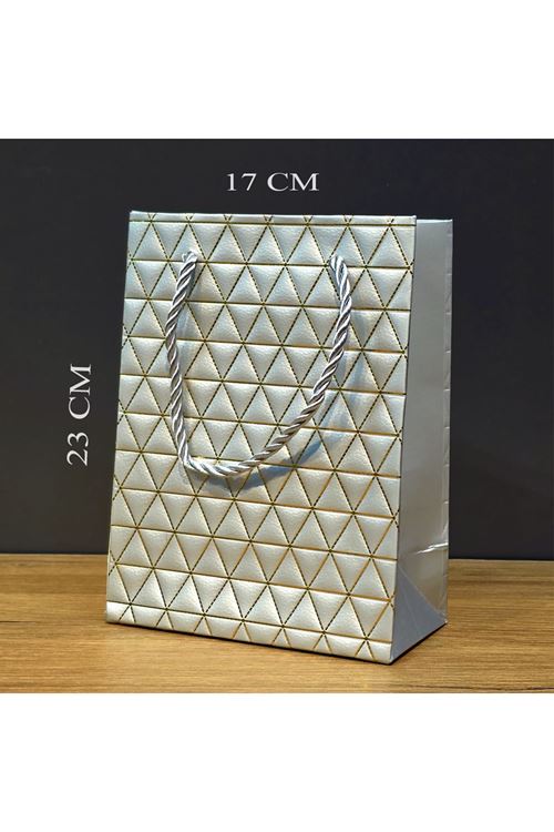 Gümüş Geometrik Desenli Orta Boy Karton Hediye Çantası