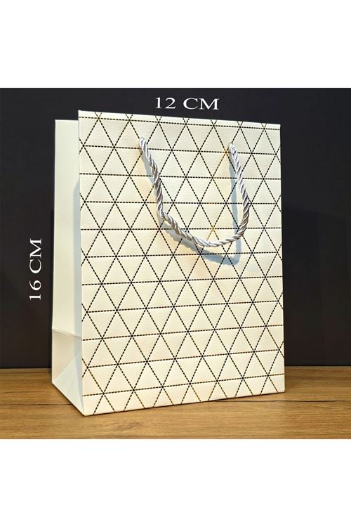 Beyaz Geometrik Desenli Mini Boy Karton Hediye Çantası