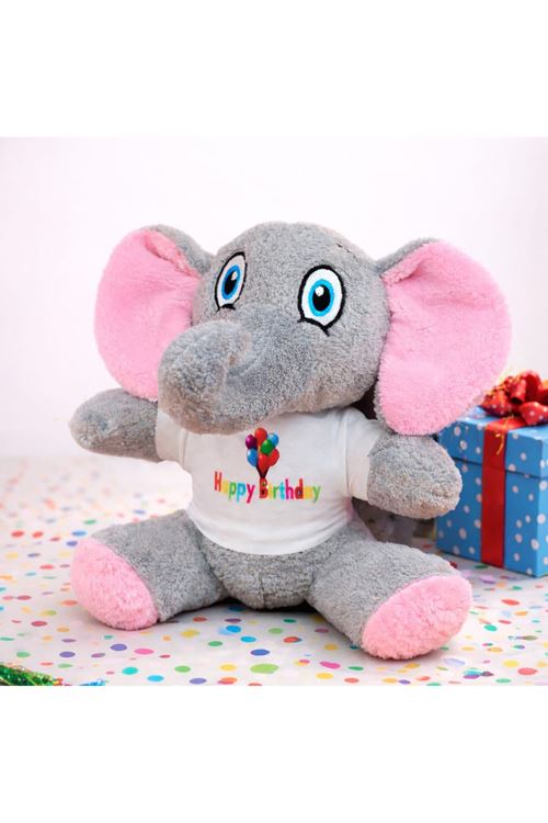 Happy Birthday Tişörtlü Sevimli Peluş Fil