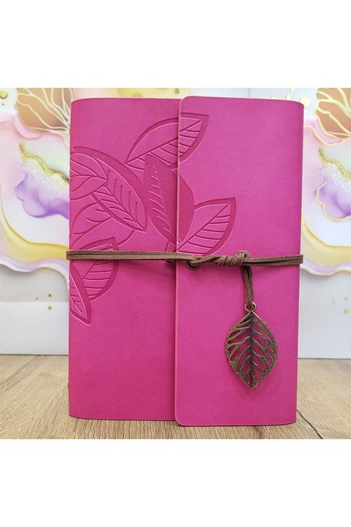 Büyük Boy Yaprak Desenli Pembe Deri Not Defteri