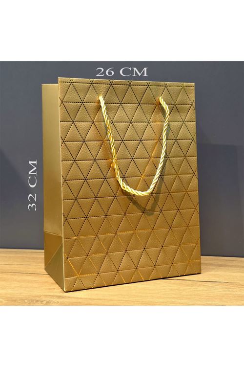 Gold Geometrik Desenli Büyük Boy Karton Hediye Çantası