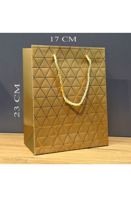 Gold Geometrik Desenli Orta Boy Karton Hediye Çantası