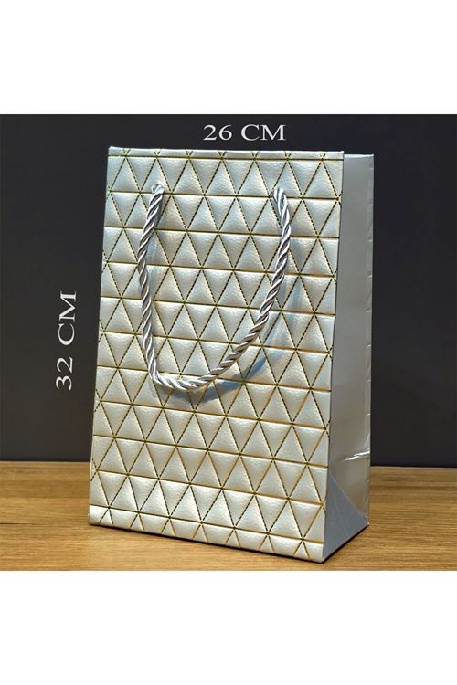 Gümüş Geometrik Desenli Büyük Boy Karton Hediye Çantası