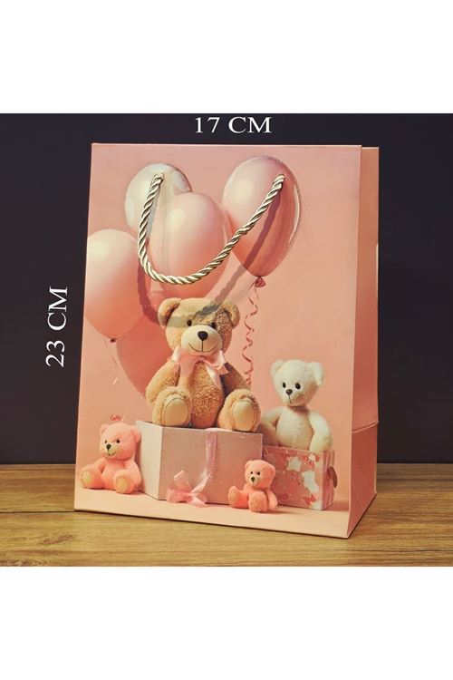 Ayıcık Desenli Pembe Küçük Boy Karton Hediye Çantası