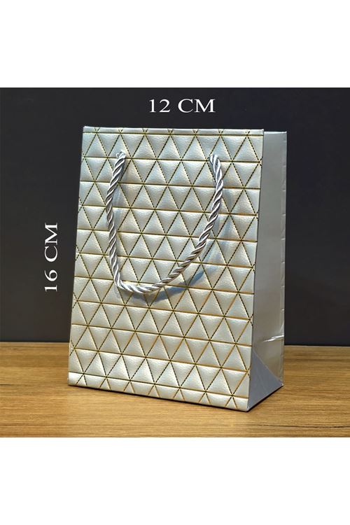 Gümüş Geometrik Desenli Mini Boy Karton Hediye Çantası