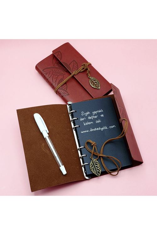 Kahverengi Deri Siyah Yapraklı Defter Ve Beyaz Jel Kalem Seti