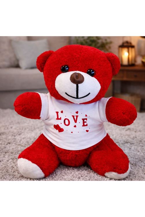 Love Tişörtlü Kırmızı Peluş Ayıcık