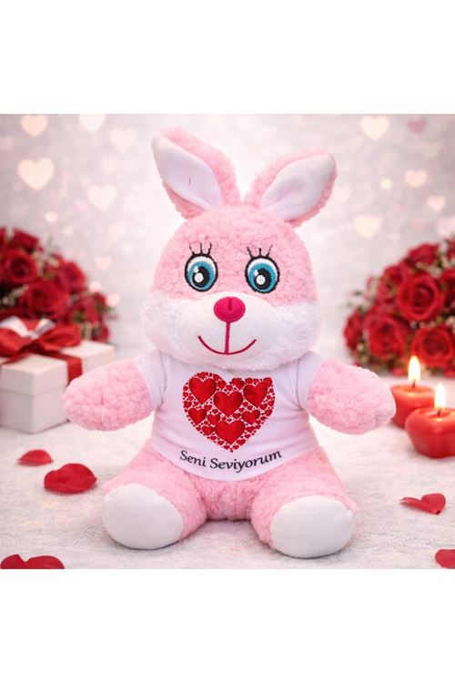 Seni Seviyorum Tişörtlü Pembe Peluş Tavşan