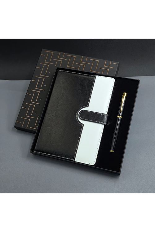 Siyah Beyaz Renkli Tarihsiz Ajanda Defter Ve Metal Roller Kalem Seti
