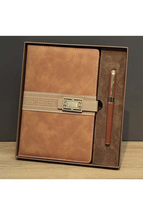 Taba Rengi Termo Deri Defter Ve Metal Roller Kalem Seti