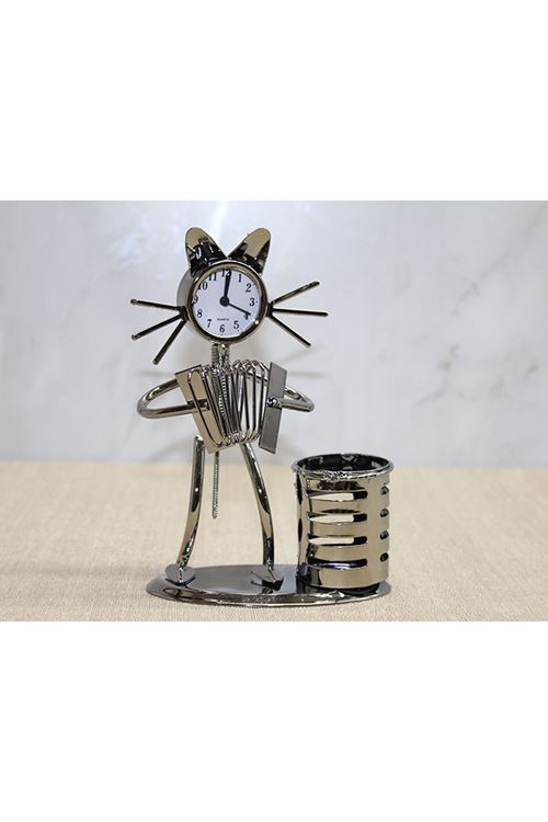 Metal Akordiyon Çalan Müzisyen Kedi Saat Ve Kalemlik
