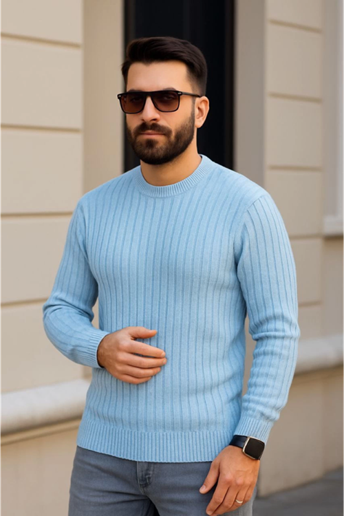 Erkek Bisiklet Yuvarlak Yaka Triko Kazak Pamuklu Kalın Fitilli Dokuma, Regular Fit Uzun Kollu Kışlık Model - Bebe Mavisi
