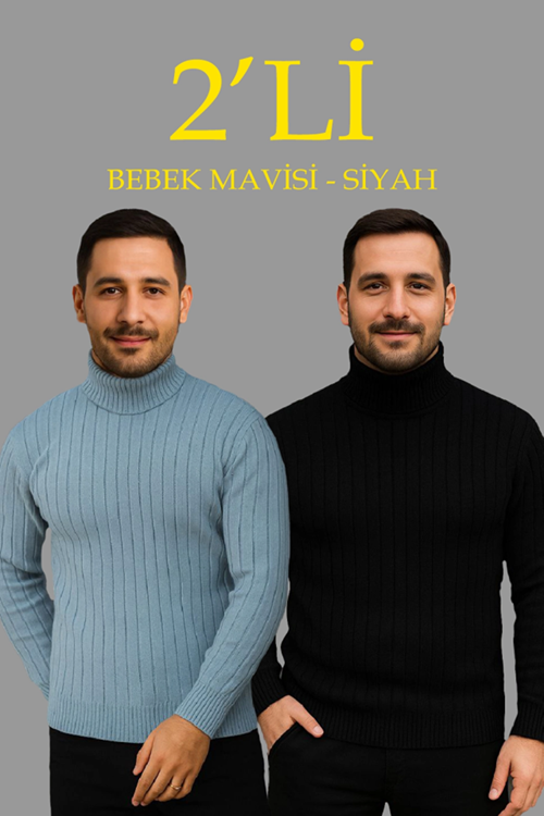 Erkek Fitilli Triko Kazak 2li Set Bebek Mavisi Siyah Regular Balıkcı Yaka Tam Boğazlı Triko Seti Modeli Kazak