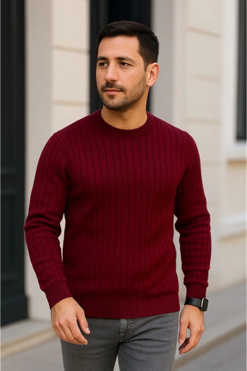 Erkek Bisiklet Yuvarlak Yaka Triko Kazak Pamuklu Kalın Fitilli Dokuma, Regular Fit Uzun Kollu Kışlık Model - Bordo