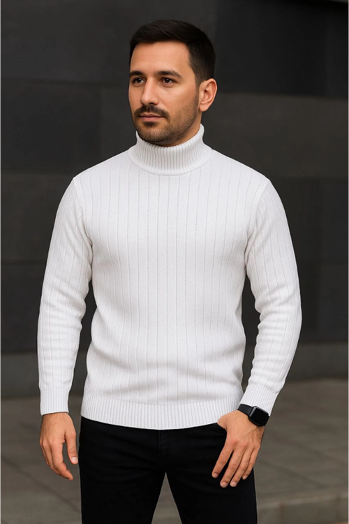 Erkek Balıkcı Yaka Bağazlı Triko Kazak Pamuklu Kalın Fitilli Dokuma, Regular Fit Uzun Kollu Kışlık Model - Beyaz