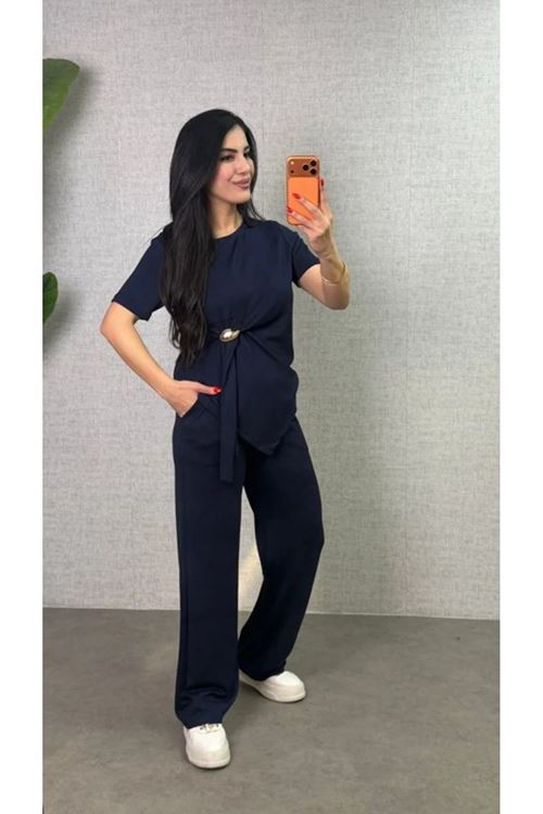 Kadın Kısa Kollu Bisiklet Yaka Yandan Toka Detaylı Viskon Iki Iplik Bluz Ve Pantolon Ikili Takım