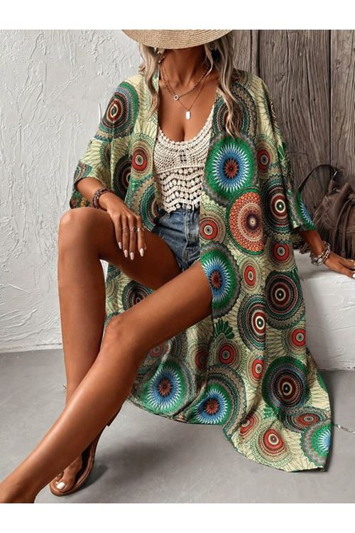 Kadın Kısa Kollu önü Açık Belden Kuşaklı Uzun Kimono