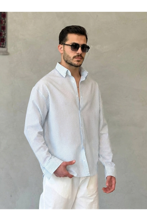 Erkek İnce Çizgili Gofre Kumaş Rahat Kalıp Gömlek